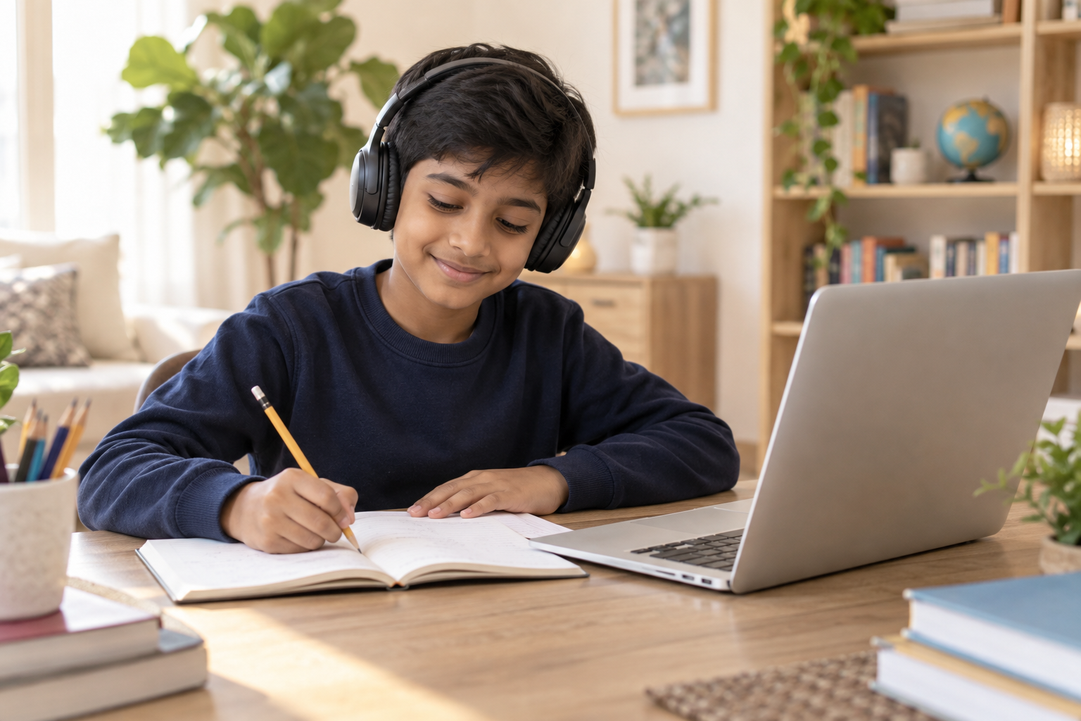 Illustration of a child practising during an online lesson
